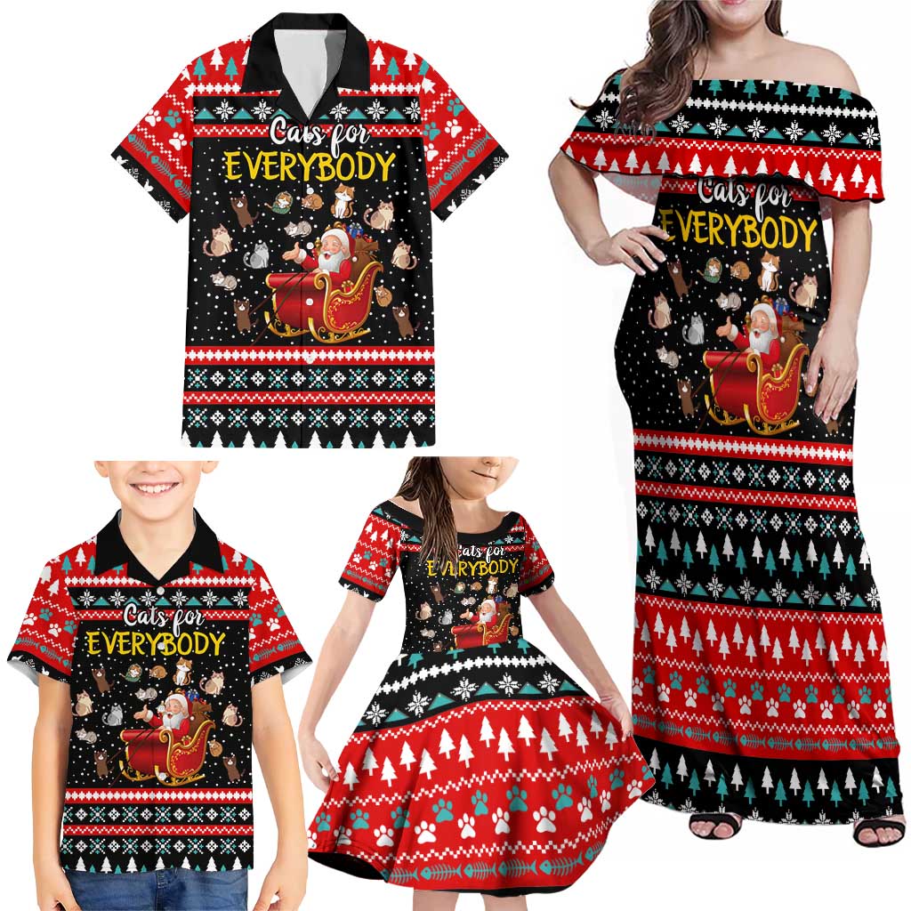 Funny Santa Family Matching Off Shoulder Maxi Dress and Hawaiian Shirt with Cats for Everybody Quote and Red Christmas Pattern - Wonder Print Shop