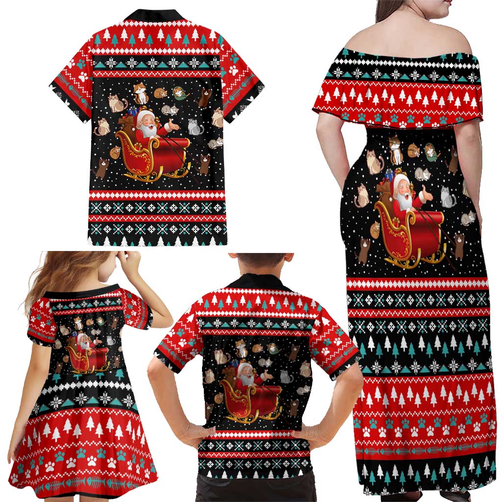 Funny Santa Family Matching Off Shoulder Maxi Dress and Hawaiian Shirt with Cats for Everybody Quote and Red Christmas Pattern - Wonder Print Shop