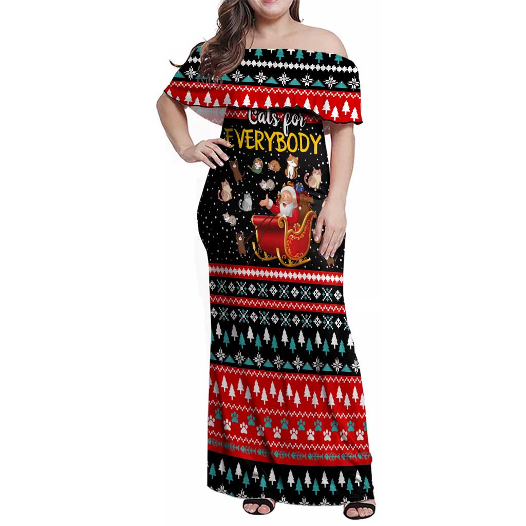 Funny Santa Family Matching Off Shoulder Maxi Dress and Hawaiian Shirt with Cats for Everybody Quote and Red Christmas Pattern - Wonder Print Shop