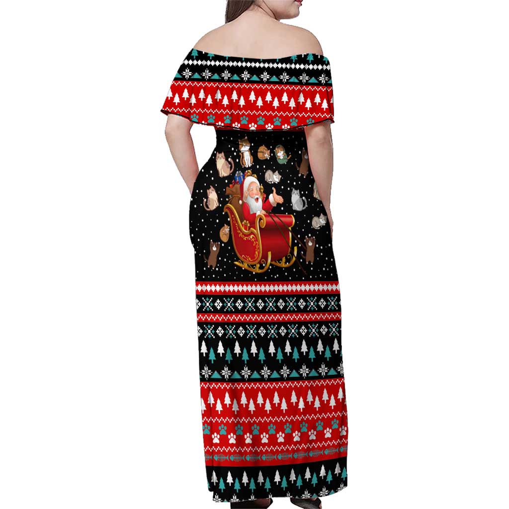 Funny Santa Family Matching Off Shoulder Maxi Dress and Hawaiian Shirt with Cats for Everybody Quote and Red Christmas Pattern - Wonder Print Shop