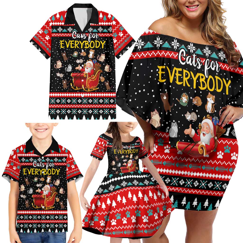 Funny Santa Family Matching Off Shoulder Short Dress and Hawaiian Shirt with Cats for Everybody Quote and Red Christmas Pattern - Wonder Print Shop