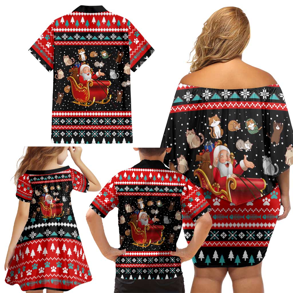 Funny Santa Family Matching Off Shoulder Short Dress and Hawaiian Shirt with Cats for Everybody Quote and Red Christmas Pattern - Wonder Print Shop