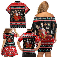 Funny Santa Family Matching Off Shoulder Short Dress and Hawaiian Shirt with Cats for Everybody Quote and Red Christmas Pattern - Wonder Print Shop