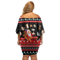 Funny Santa Family Matching Off Shoulder Short Dress and Hawaiian Shirt with Cats for Everybody Quote and Red Christmas Pattern - Wonder Print Shop
