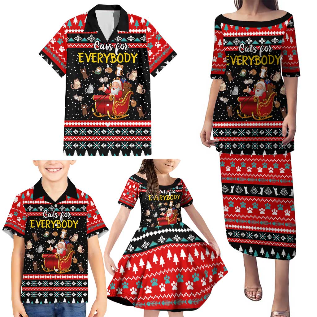 Funny Santa Family Matching Puletasi and Hawaiian Shirt with Cats for Everybody Quote and Red Christmas Pattern - Wonder Print Shop