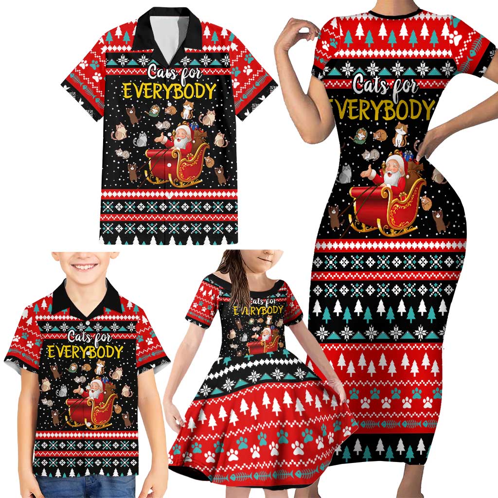 Funny Santa Family Matching Short Sleeve Bodycon Dress and Hawaiian Shirt with Cats for Everybody Quote and Red Christmas Pattern - Wonder Print Shop