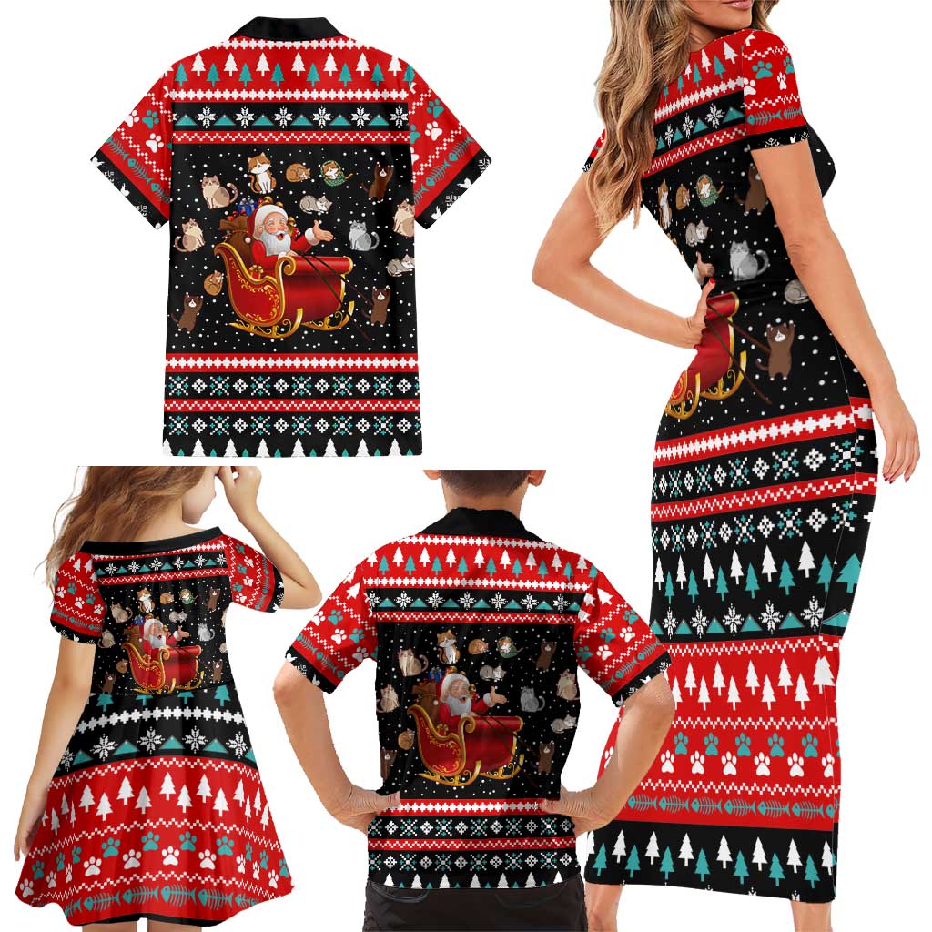 Funny Santa Family Matching Short Sleeve Bodycon Dress and Hawaiian Shirt with Cats for Everybody Quote and Red Christmas Pattern - Wonder Print Shop