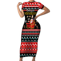 Funny Santa Family Matching Short Sleeve Bodycon Dress and Hawaiian Shirt with Cats for Everybody Quote and Red Christmas Pattern - Wonder Print Shop