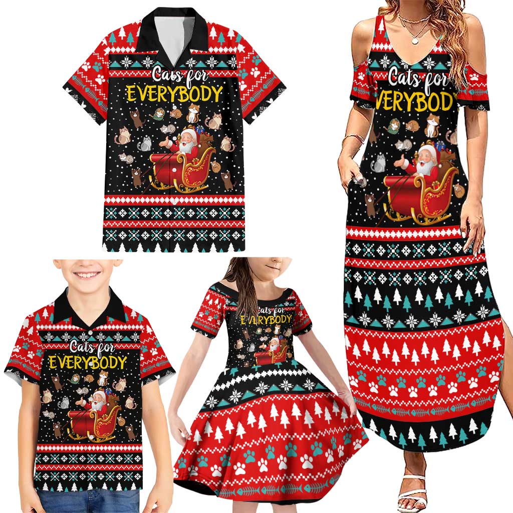 Funny Santa Family Matching Summer Maxi Dress and Hawaiian Shirt with Cats for Everybody Quote and Red Christmas Pattern - Wonder Print Shop