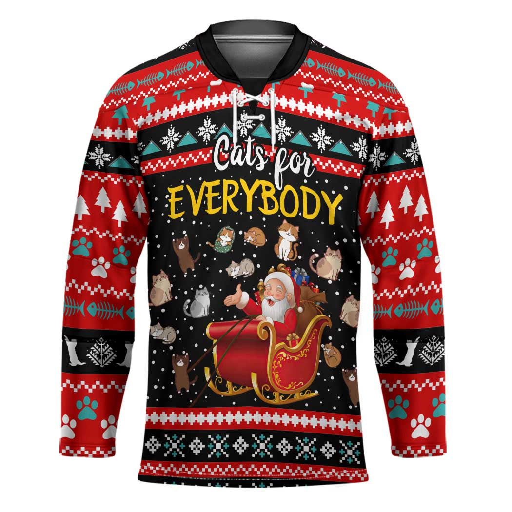 Funny Santa Hockey Jersey with Cats for Everybody Quote and Red Christmas Pattern - Wonder Print Shop