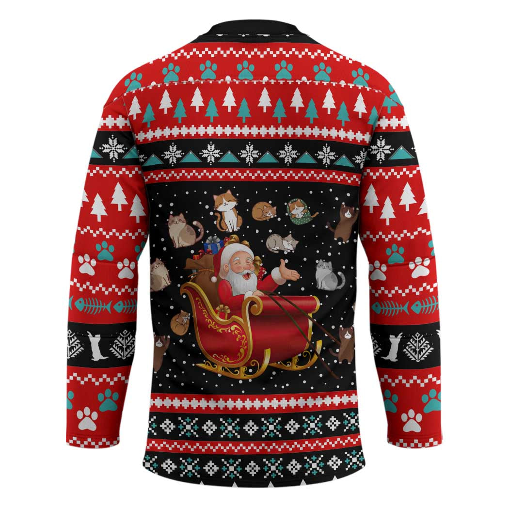Funny Santa Hockey Jersey with Cats for Everybody Quote and Red Christmas Pattern - Wonder Print Shop
