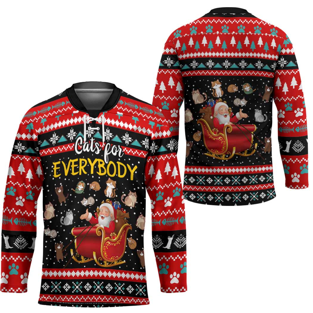 Funny Santa Hockey Jersey with Cats for Everybody Quote and Red Christmas Pattern - Wonder Print Shop
