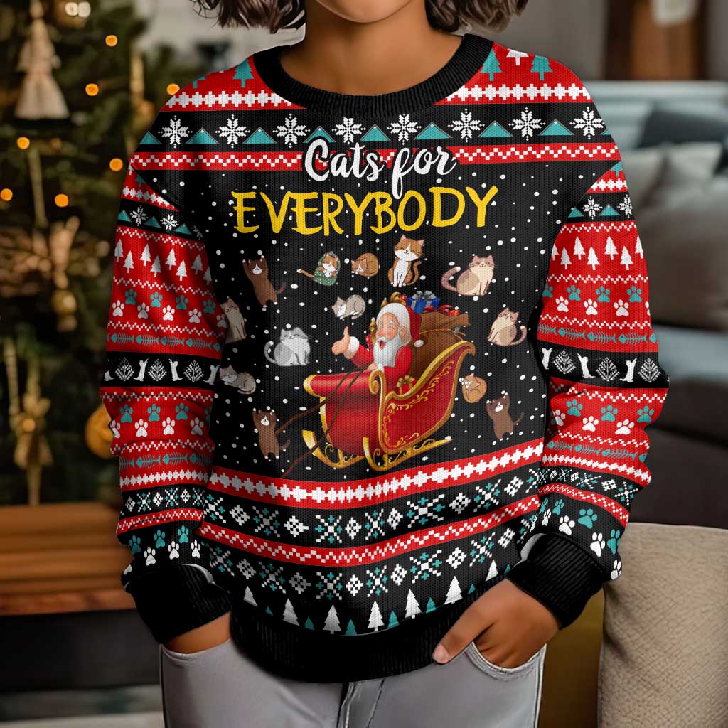 Funny Santa Kid Ugly Christmas Sweater with Cats for Everybody Quote and Red Christmas Pattern - Wonder Print Shop