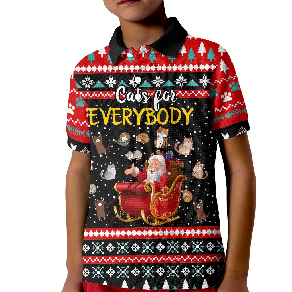 Funny Santa Kid Polo Shirt with Cats for Everybody Quote and Red Christmas Pattern - Wonder Print Shop