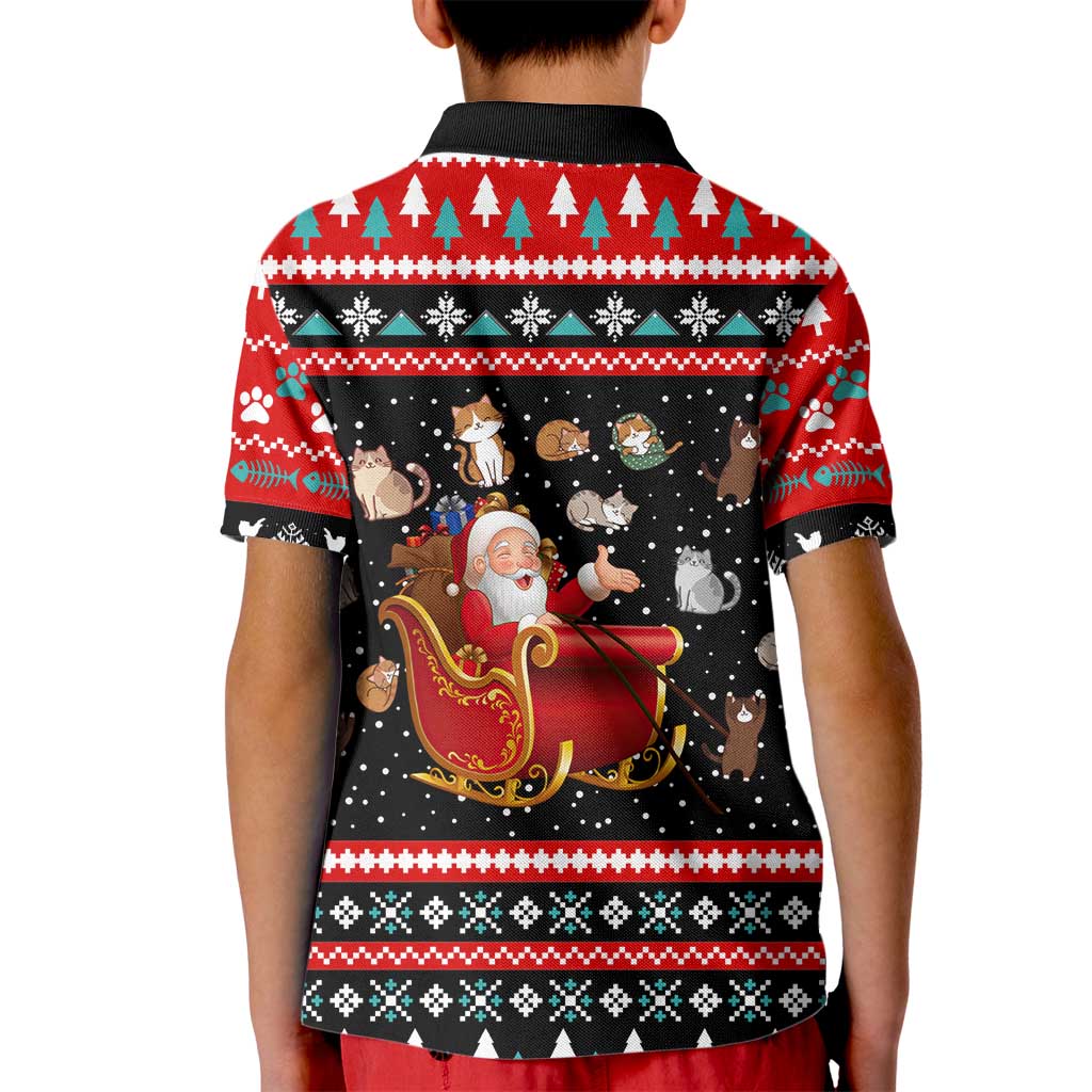 Funny Santa Kid Polo Shirt with Cats for Everybody Quote and Red Christmas Pattern - Wonder Print Shop