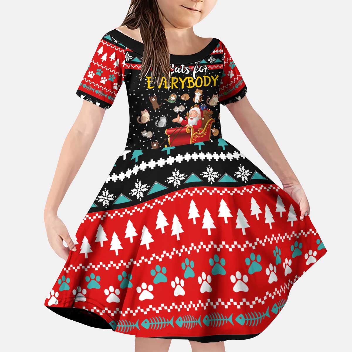 Funny Santa Kid Short Sleeve Dress with Cats for Everybody Quote and Red Christmas Pattern - Wonder Print Shop