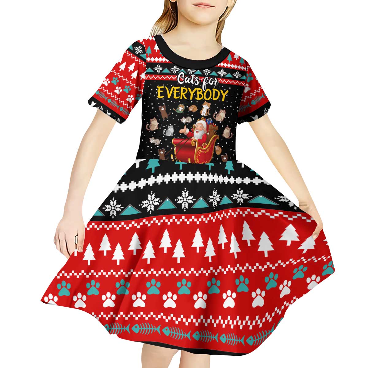 Funny Santa Kid Short Sleeve Dress with Cats for Everybody Quote and Red Christmas Pattern - Wonder Print Shop