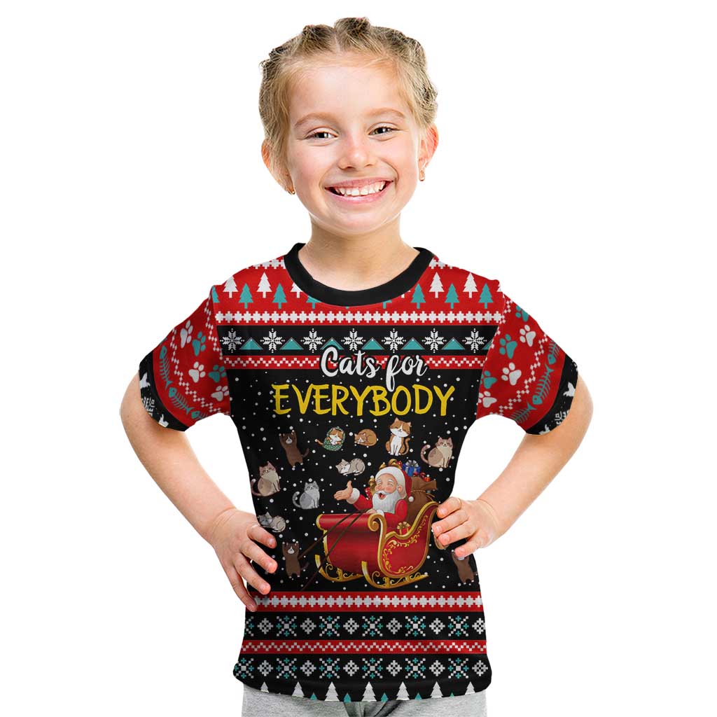 Funny Santa Kid T Shirt with Cats for Everybody Quote and Red Christmas Pattern - Wonder Print Shop