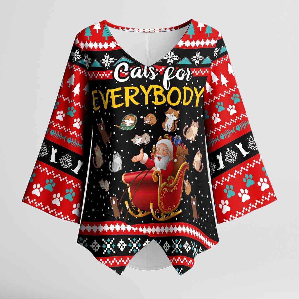 Funny Santa Kimono Sleeve Blouse with Cats for Everybody Quote and Red Christmas Pattern - Wonder Print Shop