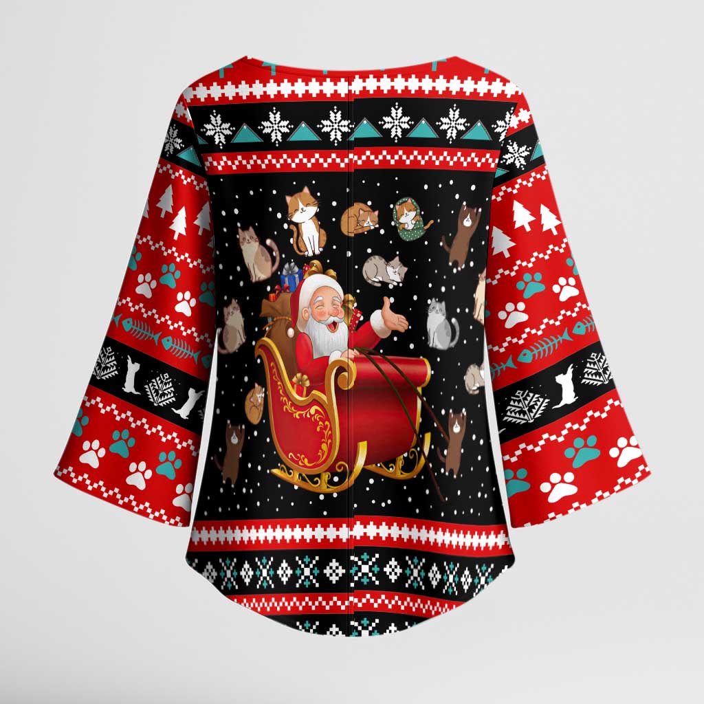 Funny Santa Kimono Sleeve Blouse with Cats for Everybody Quote and Red Christmas Pattern - Wonder Print Shop
