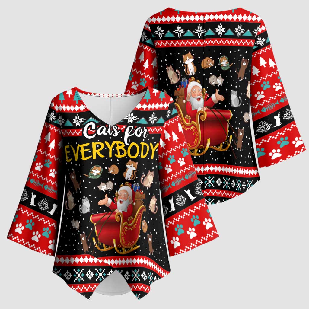 Funny Santa Kimono Sleeve Blouse with Cats for Everybody Quote and Red Christmas Pattern - Wonder Print Shop