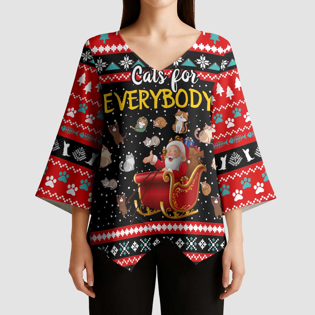 Funny Santa Kimono Sleeve Blouse with Cats for Everybody Quote and Red Christmas Pattern - Wonder Print Shop