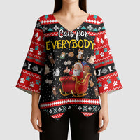 Funny Santa Kimono Sleeve Blouse with Cats for Everybody Quote and Red Christmas Pattern - Wonder Print Shop
