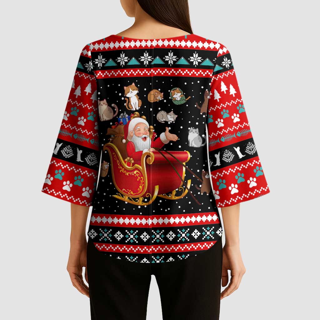 Funny Santa Kimono Sleeve Blouse with Cats for Everybody Quote and Red Christmas Pattern - Wonder Print Shop
