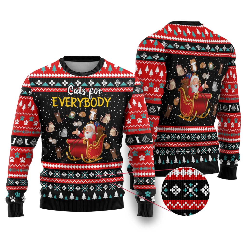 Funny Santa Ugly Christmas Sweater with Cats for Everybody Quote and Red Christmas Pattern - Wonder Print Shop