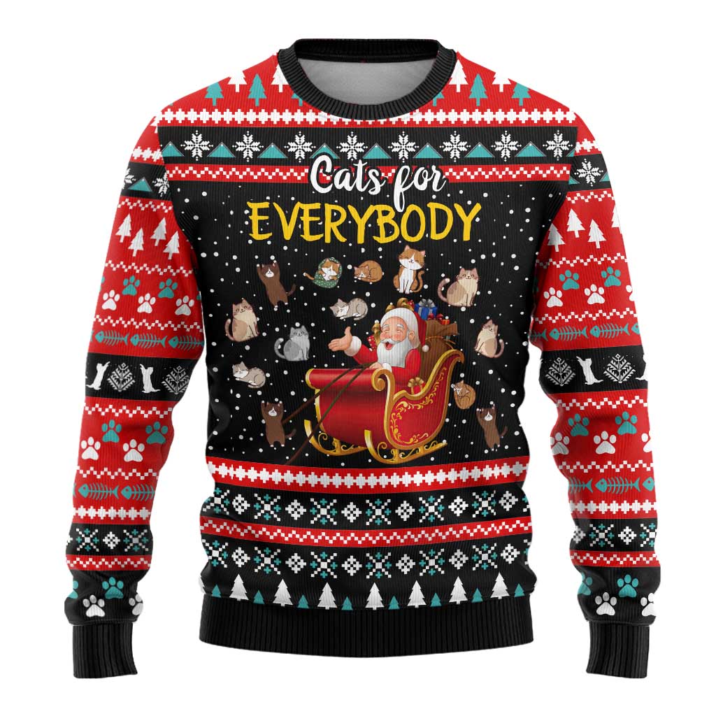 Funny Santa Ugly Christmas Sweater with Cats for Everybody Quote and Red Christmas Pattern - Wonder Print Shop