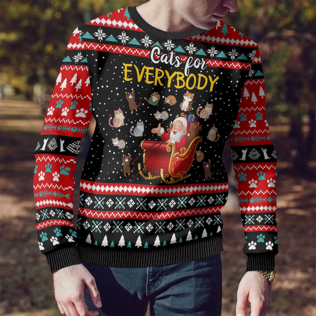 Funny Santa Ugly Christmas Sweater with Cats for Everybody Quote and Red Christmas Pattern - Wonder Print Shop