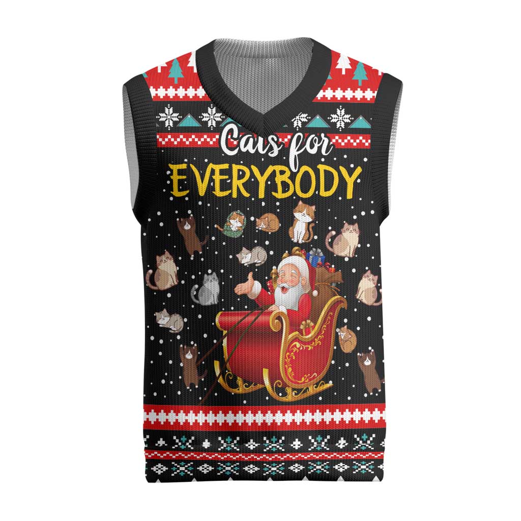 Funny Santa Christmas Knitted V-Neck Vest with Cats for Everybody Quote and Red Christmas Pattern - Wonder Print Shop