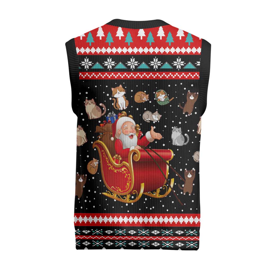 Funny Santa Christmas Knitted V-Neck Vest with Cats for Everybody Quote and Red Christmas Pattern - Wonder Print Shop