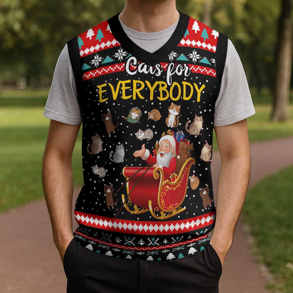 Funny Santa Christmas Knitted V-Neck Vest with Cats for Everybody Quote and Red Christmas Pattern - Wonder Print Shop