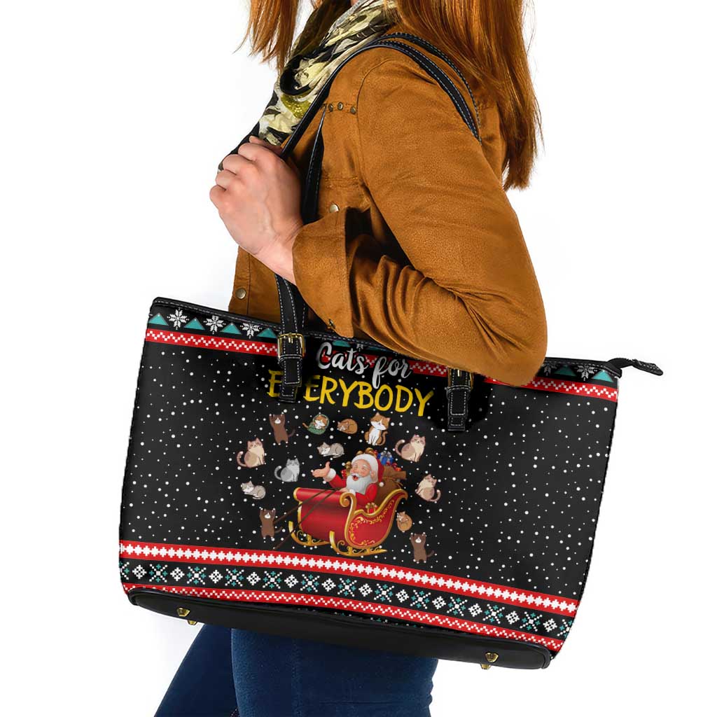 Funny Santa Leather Tote Bag with Cats for Everybody Quote and Red Christmas Pattern - Wonder Print Shop