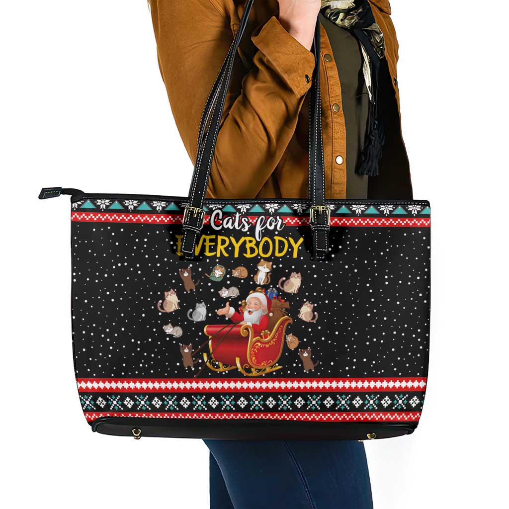 Funny Santa Leather Tote Bag with Cats for Everybody Quote and Red Christmas Pattern - Wonder Print Shop