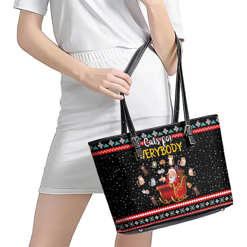 Funny Santa Leather Tote Bag with Cats for Everybody Quote and Red Christmas Pattern - Wonder Print Shop