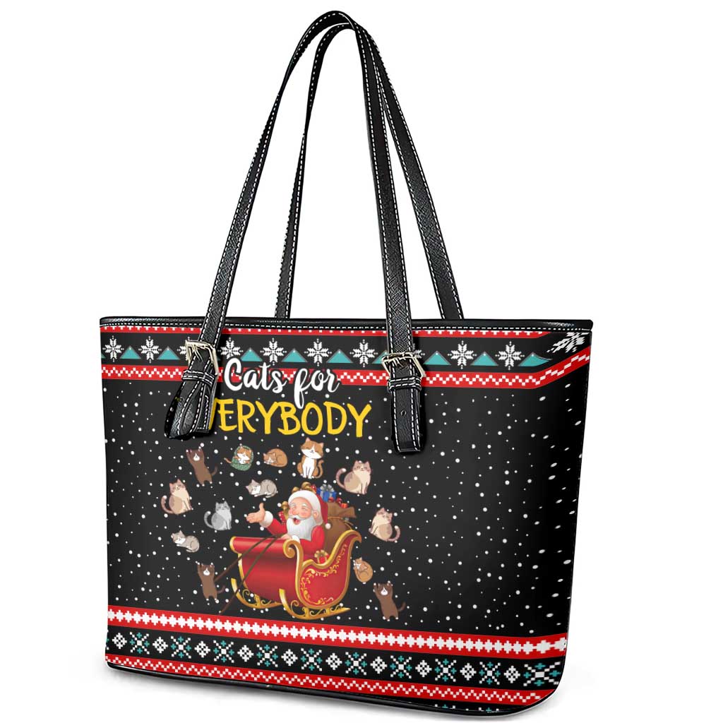 Funny Santa Leather Tote Bag with Cats for Everybody Quote and Red Christmas Pattern - Wonder Print Shop