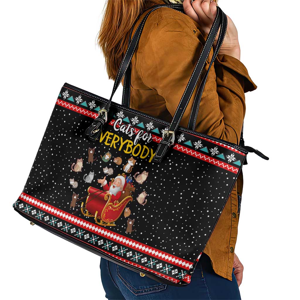 Funny Santa Leather Tote Bag with Cats for Everybody Quote and Red Christmas Pattern - Wonder Print Shop