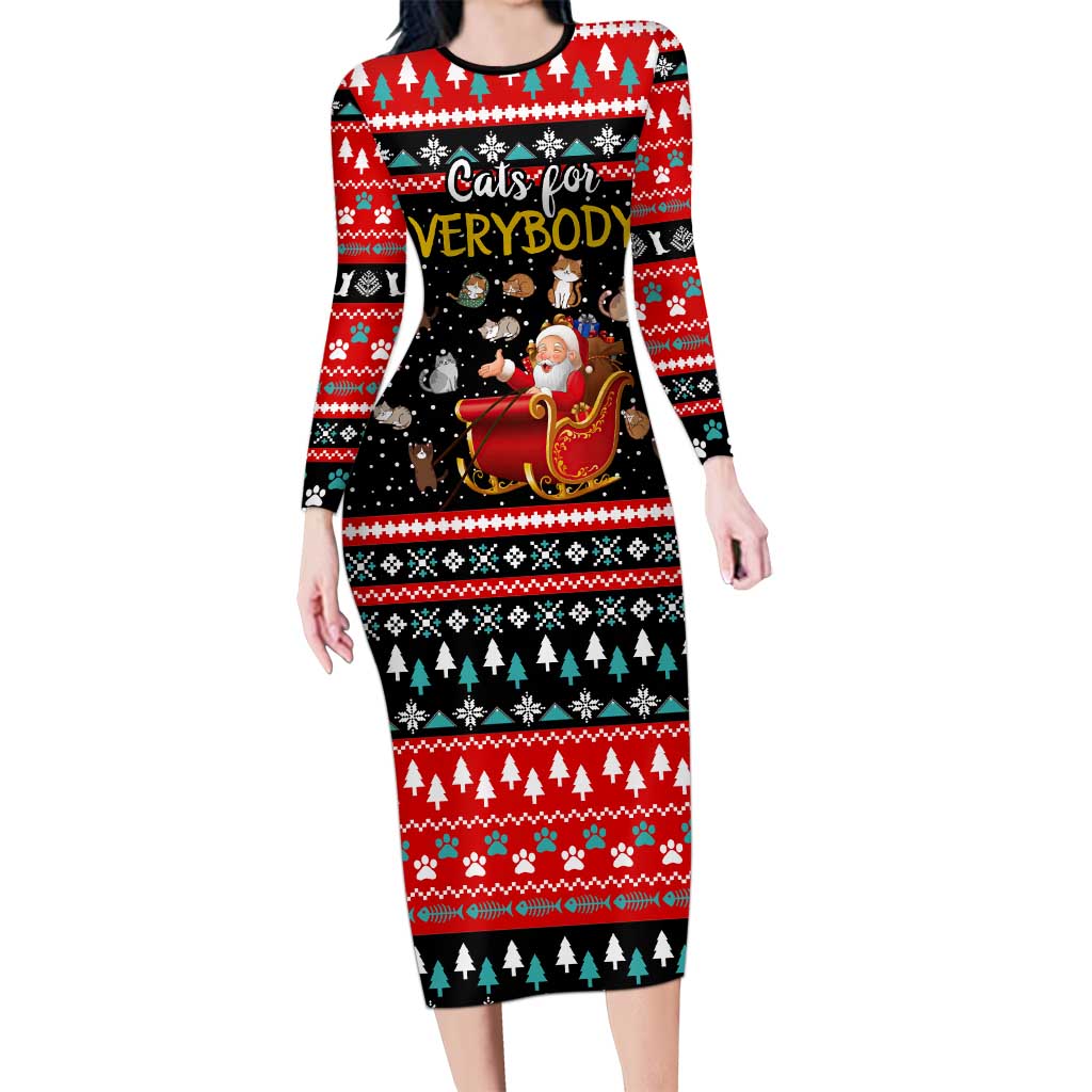 Funny Santa Long Sleeve Bodycon Dress with Cats for Everybody Quote and Red Christmas Pattern - Wonder Print Shop