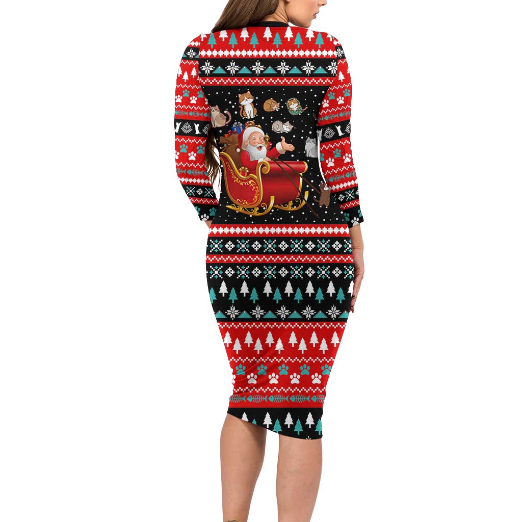 Funny Santa Long Sleeve Bodycon Dress with Cats for Everybody Quote and Red Christmas Pattern - Wonder Print Shop