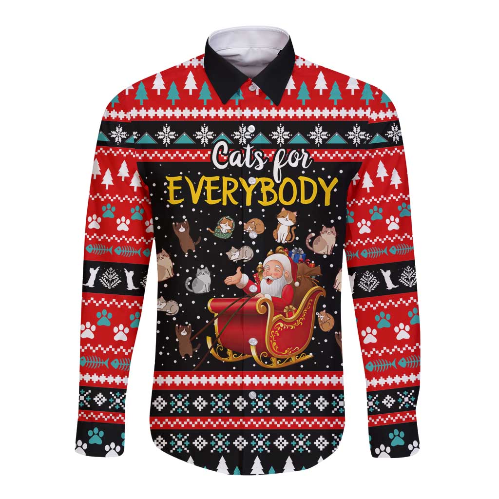 Funny Santa Long Sleeve Button Shirt with Cats for Everybody Quote and Red Christmas Pattern - Wonder Print Shop