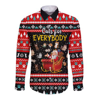Funny Santa Long Sleeve Button Shirt with Cats for Everybody Quote and Red Christmas Pattern - Wonder Print Shop