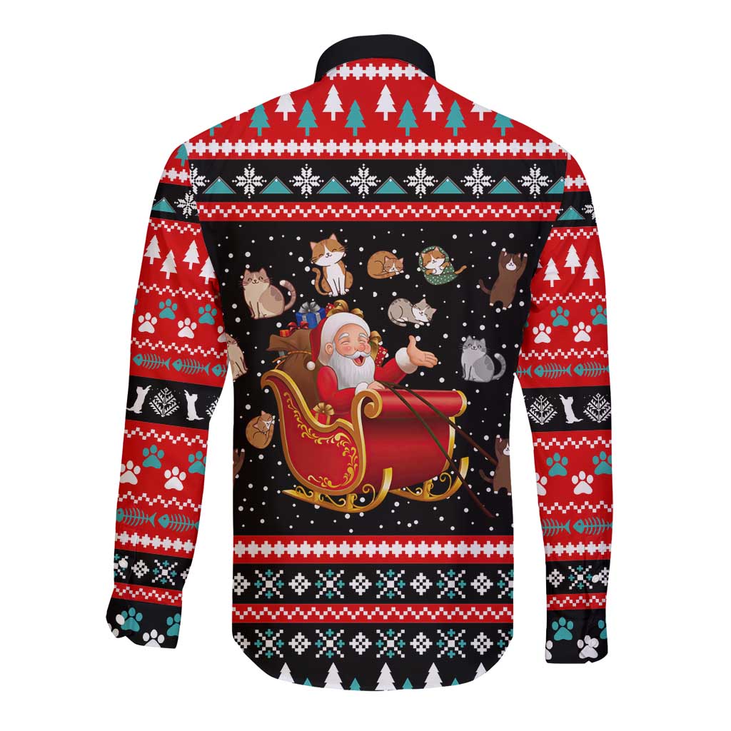 Funny Santa Long Sleeve Button Shirt with Cats for Everybody Quote and Red Christmas Pattern - Wonder Print Shop