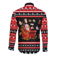 Funny Santa Long Sleeve Button Shirt with Cats for Everybody Quote and Red Christmas Pattern - Wonder Print Shop