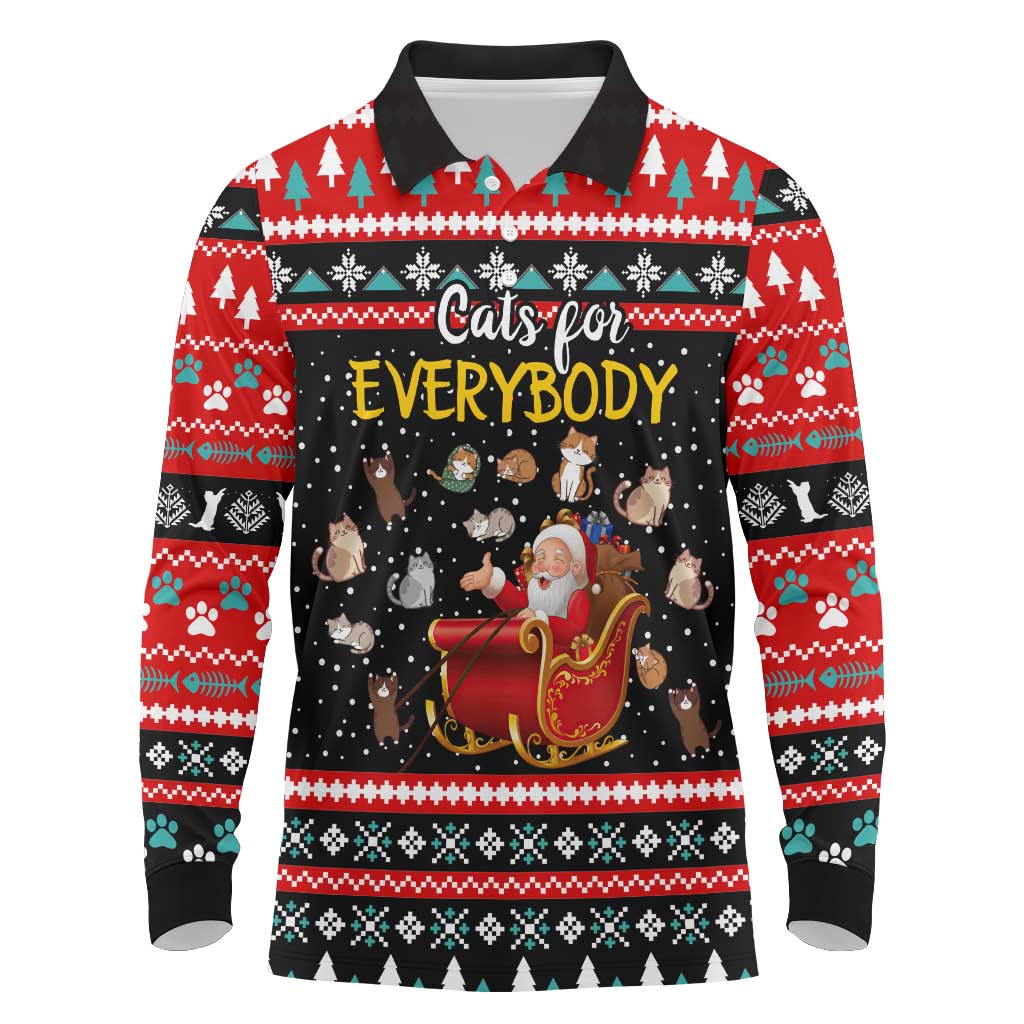 Funny Santa Long Sleeve Polo Shirt with Cats for Everybody Quote and Red Christmas Pattern - Wonder Print Shop
