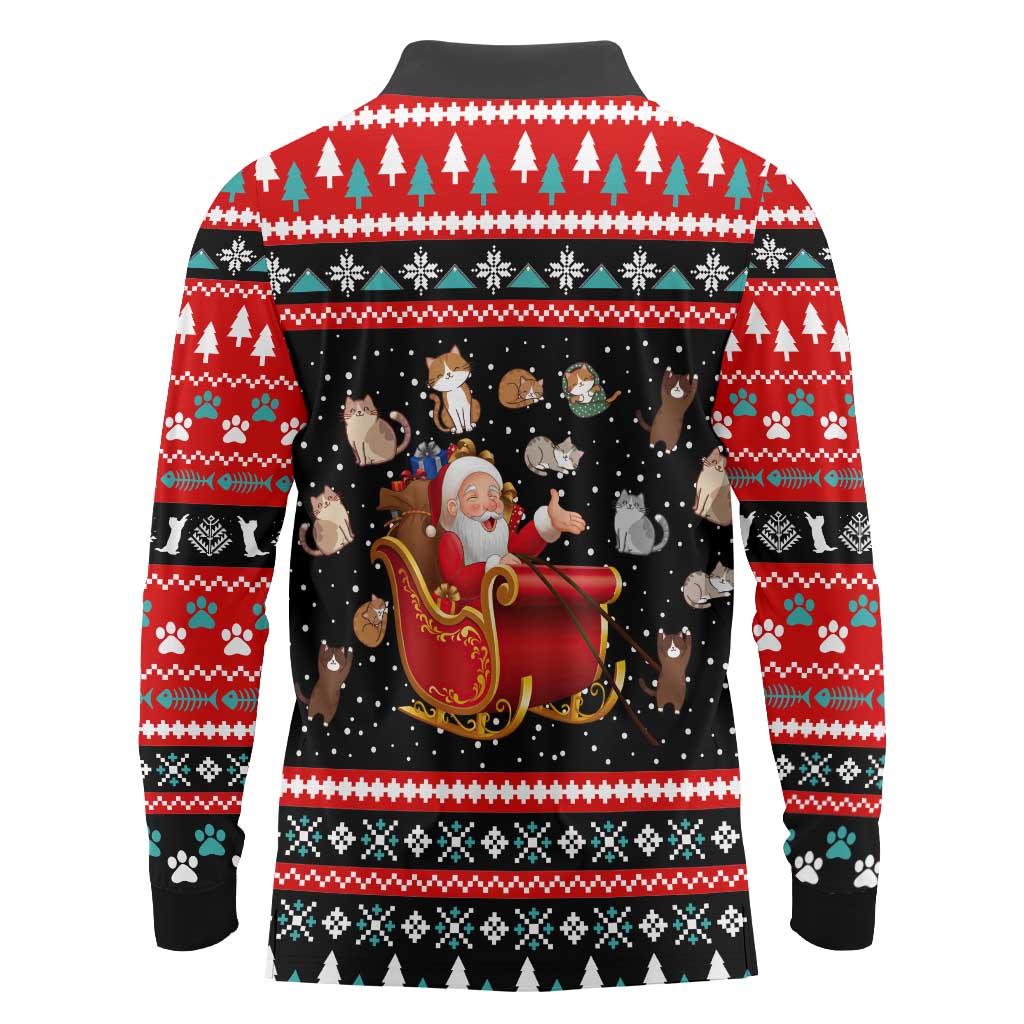 Funny Santa Long Sleeve Polo Shirt with Cats for Everybody Quote and Red Christmas Pattern - Wonder Print Shop