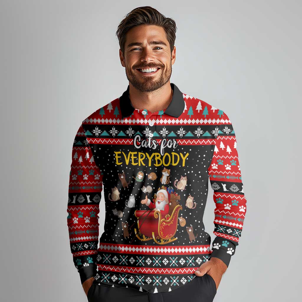 Funny Santa Long Sleeve Polo Shirt with Cats for Everybody Quote and Red Christmas Pattern - Wonder Print Shop