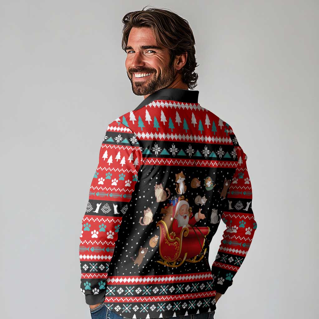 Funny Santa Long Sleeve Polo Shirt with Cats for Everybody Quote and Red Christmas Pattern - Wonder Print Shop