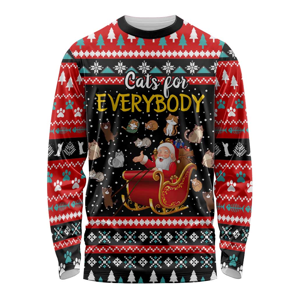 Funny Santa Long Sleeve Shirt with Cats for Everybody Quote and Red Christmas Pattern - Wonder Print Shop